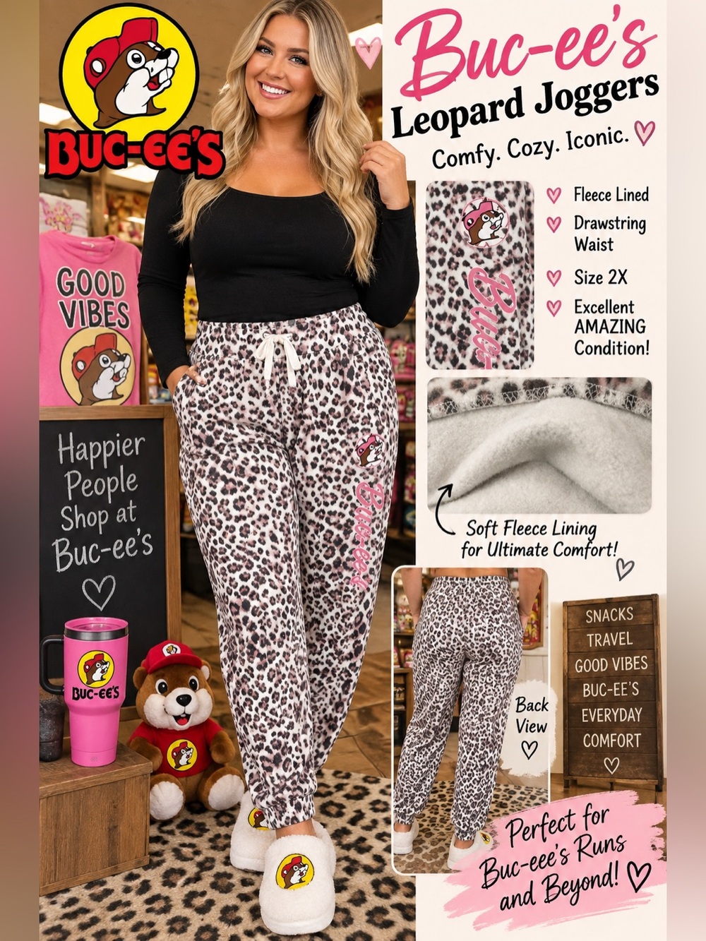 Buc-ee’s Leopard Print Fleece Lined Joggers Pink Logo Size 2X